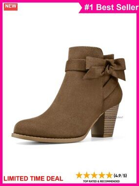 Faux Suede Ankle Boots with Bow Chunky Heel Side Zip Dress Booties